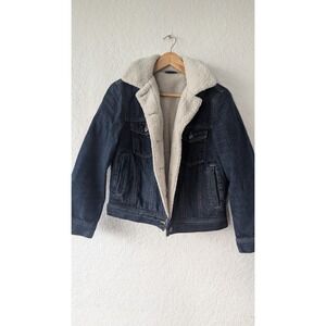 GU Denim Sherpa‎ Lined Trucker Jacket Blue Fur Lined Winter Outerwear Women